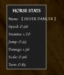 Bridger Western horse stats display showing Speed, Stamina, Jump, Damage, Scale and Turn